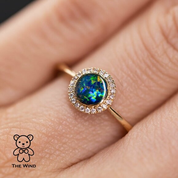 Minimalist Round Shaped Australian Doublet Opal & Diamond Ring 14K Yellow Gold - Picture 4 of 5